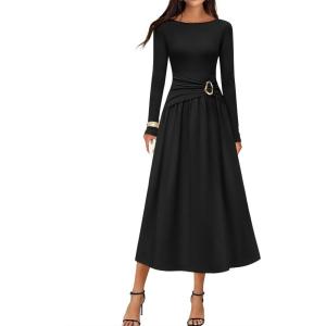 MEROKEETY Women’s 2025 Fall Long Sleeve Midi Dress Elegant Boat Neck Ruched Swing Cocktail Party Dresses(Black)