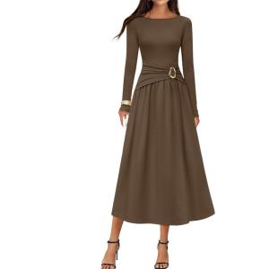 MEROKEETY Women’s 2025 Fall Long Sleeve Midi Dress Elegant Boat Neck Ruched Swing Cocktail Party Dresses(Brown)