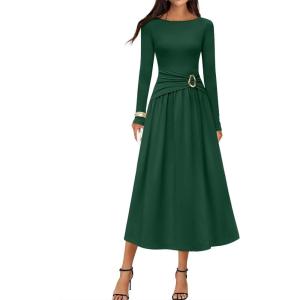 MEROKEETY Women’s 2025 Fall Long Sleeve Midi Dress Elegant Boat Neck Ruched Swing Cocktail Party Dresses(Dark Green)
