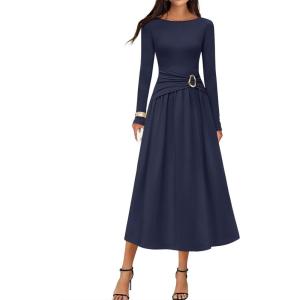 MEROKEETY Women’s 2025 Fall Long Sleeve Midi Dress Elegant Boat Neck Ruched Swing Cocktail Party Dresses(Navy)