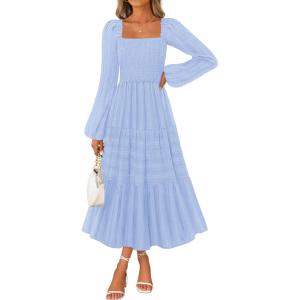 MEROKEETY Women’s 2025 Long Sleeve Fall Dress Square Neck Smocked Flowy Tiered Casual Maxi Dresses with Pockets(Blue)