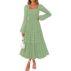 MEROKEETY Women’s 2025 Long Sleeve Fall Dress Square Neck Smocked Flowy Tiered Casual Maxi Dresses with Pockets(Green)