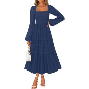 MEROKEETY Women’s 2025 Long Sleeve Fall Dress Square Neck Smocked Flowy Tiered Casual Maxi Dresses with Pockets(Navy)