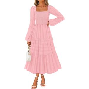 MEROKEETY Women’s 2025 Long Sleeve Fall Dress Square Neck Smocked Flowy Tiered Casual Maxi Dresses with Pockets(Pink)