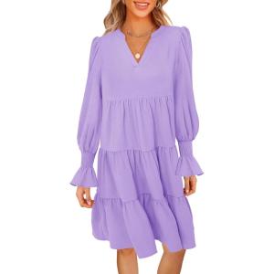 MEROKEETY Women’s 2025 Long Sleeve Midi Dress V Neck Flowy Swing Ruffle Tiered Fall Casual Dresses(Lilac)