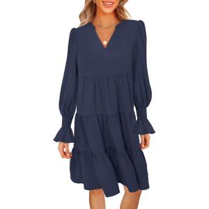 MEROKEETY Women’s 2025 Long Sleeve Midi Dress V Neck Flowy Swing Ruffle Tiered Fall Casual Dresses(Navy)