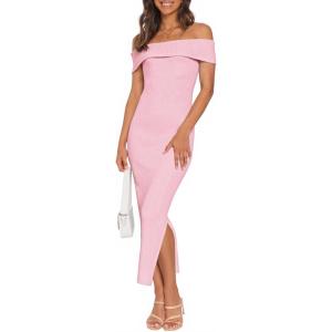 MEROKEETY Women’s 2025 Off Shoulder Bodycon Midi Dress Summer Spring Formal Elegant Knit Sweater Dresses(Pink)