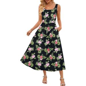 MEROKEETY Women’s 2025 Summer Casual Floral Midi Dress Sleeveless Beach Vacation Tank Hawaiian Sundress(Black)