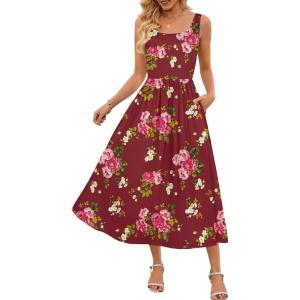 MEROKEETY Women’s 2025 Summer Casual Floral Midi Dress Sleeveless Beach Vacation Tank Hawaiian Sundress(Wine)
