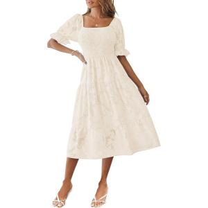 MEROKEETY Womens 2025 Summer Short Puff Sleeve Smocked Square Neck Floral Textured Tiered Midi Dress(Beige)