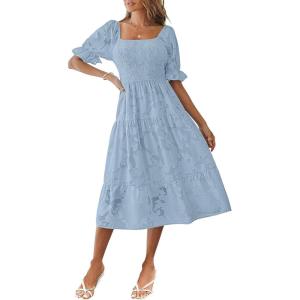 MEROKEETY Womens 2025 Summer Short Puff Sleeve Smocked Square Neck Floral Textured Tiered Midi Dress(Blue)