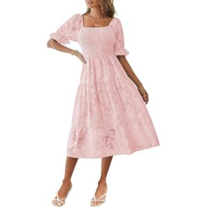 MEROKEETY Womens 2025 Summer Short Puff Sleeve Smocked Square Neck Floral Textured Tiered Midi Dress(Pink)