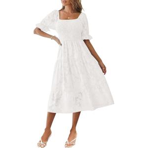 MEROKEETY Womens 2025 Summer Short Puff Sleeve Smocked Square Neck Floral Textured Tiered Midi Dress(White)