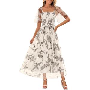 MEROKEETY Women’s 2025 Summer Short Sleeve Floral Tulle Dress Square Neck Smocked Party Wedding Boho Maxi Dresses(Beige)
