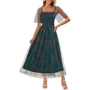 MEROKEETY Women’s 2025 Summer Short Sleeve Floral Tulle Dress Square Neck Smocked Party Wedding Boho Maxi Dresses(Green)
