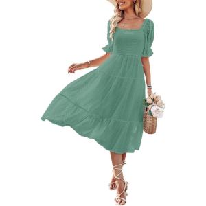 MEROKEETY Women’s 2025 Summer Square Neck Puff Sleeve Boho Midi Dress Swiss Dot Ruffle Flowy Tie Back Dress(Green)