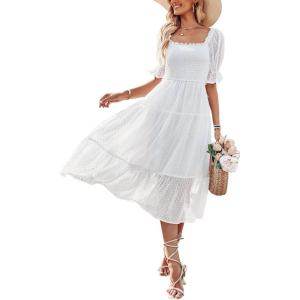 MEROKEETY Women’s 2025 Summer Square Neck Puff Sleeve Boho Midi Dress Swiss Dot Ruffle Flowy Tie Back Dress(White)