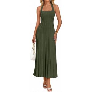MEROKEETY Women’s 2026 Spring Summer Sweater Dress Casual Halter Sleeveless Elegant Ribbed Knitted Bodycon Midi Dresses(Armygreen)