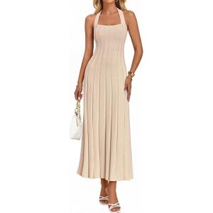 MEROKEETY Women’s 2026 Spring Summer Sweater Dress Casual Halter Sleeveless Elegant Ribbed Knitted Bodycon Midi Dresses(Khaki)