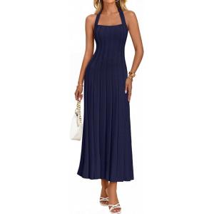 MEROKEETY Women’s 2026 Spring Summer Sweater Dress Casual Halter Sleeveless Elegant Ribbed Knitted Bodycon Midi Dresses(Navy)
