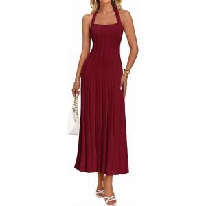 MEROKEETY Women’s 2026 Spring Summer Sweater Dress Casual Halter Sleeveless Elegant Ribbed Knitted Bodycon Midi Dresses(Wine)