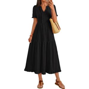 MEROKEETY Women’s 2026 Summer Casual Midi Dress Short Sleeve V Neck A Line Flowy Tiered Vacation Beach Dresses(Black)