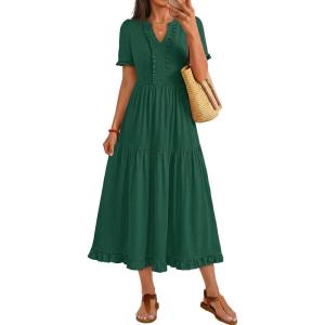 MEROKEETY Women’s 2026 Summer Casual Midi Dress Short Sleeve V Neck A Line Flowy Tiered Vacation Beach Dresses(Darkgreen)