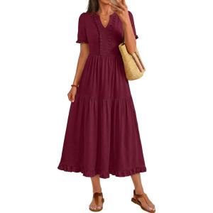 MEROKEETY Women’s 2026 Summer Casual Midi Dress Short Sleeve V Neck A Line Flowy Tiered Vacation Beach Dresses(Wine)