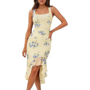 MEROKEETY Women’s 2026 Summer Floral Bodycon Dress Square Neck Sleeveless Ruffle Cocktail Mesh Beach Vacation Midi Dresses(Beige)