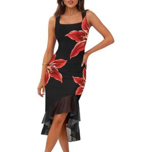 MEROKEETY Women’s 2026 Summer Floral Bodycon Dress Square Neck Sleeveless Ruffle Cocktail Mesh Beach Vacation Midi Dresses(Black Red)