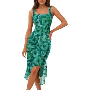 MEROKEETY Women’s 2026 Summer Floral Bodycon Dress Square Neck Sleeveless Ruffle Cocktail Mesh Beach Vacation Midi Dresses(Green)