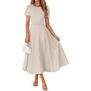 MEROKEETY Women’s 2026 Summer Midi Dresses Short Sleeve Crewneck A Line Pleated Wedding Guest Flowy Long Dress with Pockets(Apricot)