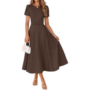 MEROKEETY Women’s 2026 Summer Midi Dresses Short Sleeve Crewneck A Line Pleated Wedding Guest Flowy Long Dress with Pockets(Coffee)