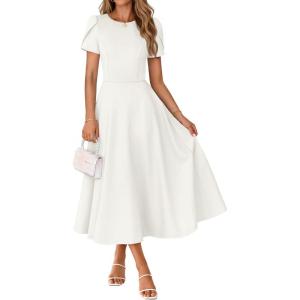 MEROKEETY Women’s 2026 Summer Midi Dresses Short Sleeve Crewneck A Line Pleated Wedding Guest Flowy Long Dress with Pockets(White)