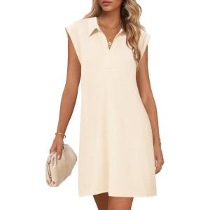 MEROKEETY Women’s 2026 Summer Short Sleeve Mini Dress Casual Collared V Neck Loose T Shirt Dresses(Beige)