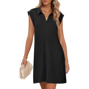 MEROKEETY Women’s 2026 Summer Short Sleeve Mini Dress Casual Collared V Neck Loose T Shirt Dresses(Black)