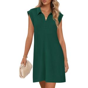 MEROKEETY Women’s 2026 Summer Short Sleeve Mini Dress Casual Collared V Neck Loose T Shirt Dresses(Dark Green)