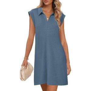 MEROKEETY Women’s 2026 Summer Short Sleeve Mini Dress Casual Collared V Neck Loose T Shirt Dresses(Gray Blue)