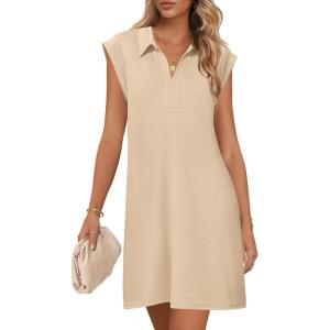 MEROKEETY Women’s 2026 Summer Short Sleeve Mini Dress Casual Collared V Neck Loose T Shirt Dresses(Khaki)