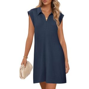 MEROKEETY Women’s 2026 Summer Short Sleeve Mini Dress Casual Collared V Neck Loose T Shirt Dresses(Navy)