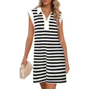 MEROKEETY Women’s 2026 Summer Short Sleeve Mini Dress Casual Collared V Neck Loose T Shirt Dresses(Stripedblack)