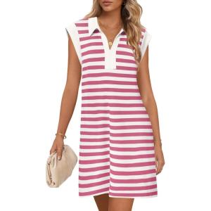 MEROKEETY Women’s 2026 Summer Short Sleeve Mini Dress Casual Collared V Neck Loose T Shirt Dresses(Stripedpink)