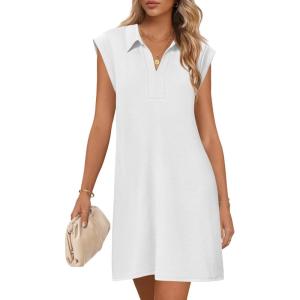 MEROKEETY Women’s 2026 Summer Short Sleeve Mini Dress Casual Collared V Neck Loose T Shirt Dresses(White)