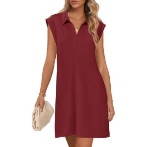 MEROKEETY Women’s 2026 Summer Short Sleeve Mini Dress Casual Collared V Neck Loose T Shirt Dresses(Wine)