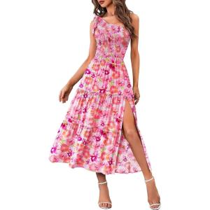 MEROKEETY Women’s 2026 Summer Sleeveless Midi Dress One Shoulder Knot Smocked Split Formal Cocktail Wedding Guest Dresses(Pinkfloral)