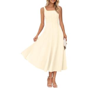 MEROKEETY Women’s 2026 Summer Sleeveless Midi Dress Square Neck Smocked Flowy A Line Beach Dresses(Apricot)