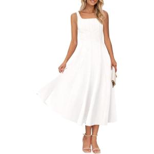 MEROKEETY Women’s 2026 Summer Sleeveless Midi Dress Square Neck Smocked Flowy A Line Beach Dresses(Ivory)
