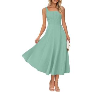 MEROKEETY Women’s 2026 Summer Sleeveless Midi Dress Square Neck Smocked Flowy A Line Beach Dresses(Sage)