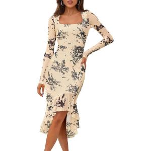MEROKEETY Women’s 2026 Wedding Guest Dress Bodycon Long Sleeve Square Neck Ruched Mesh Cocktail Party Holiday Midi Dresses(Beige)