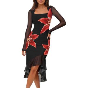 MEROKEETY Women’s 2026 Wedding Guest Dress Bodycon Long Sleeve Square Neck Ruched Mesh Cocktail Party Holiday Midi Dresses(Blackred)